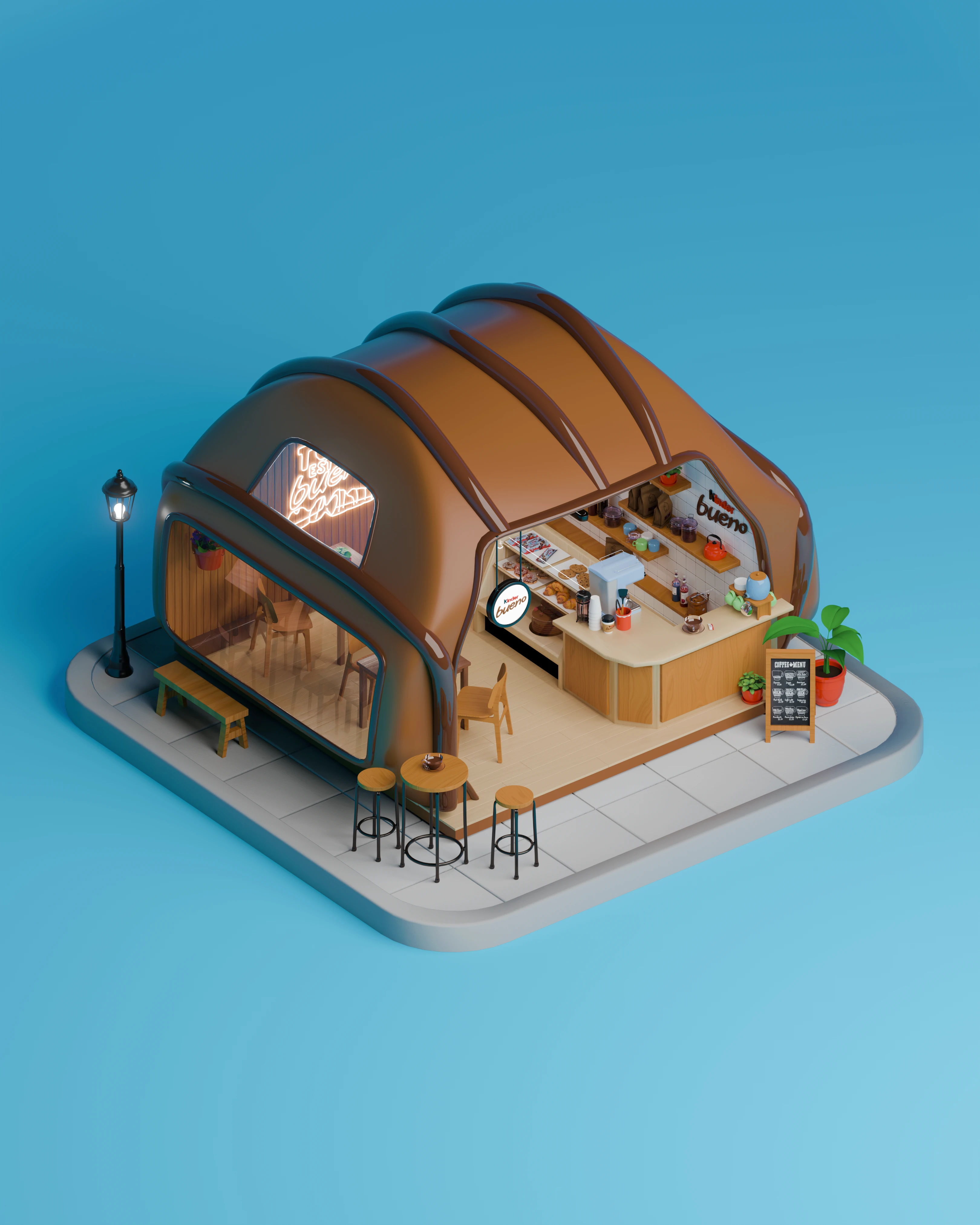 Rendu 3D d'un coffee shop en kinder bueno sur fond de couleur