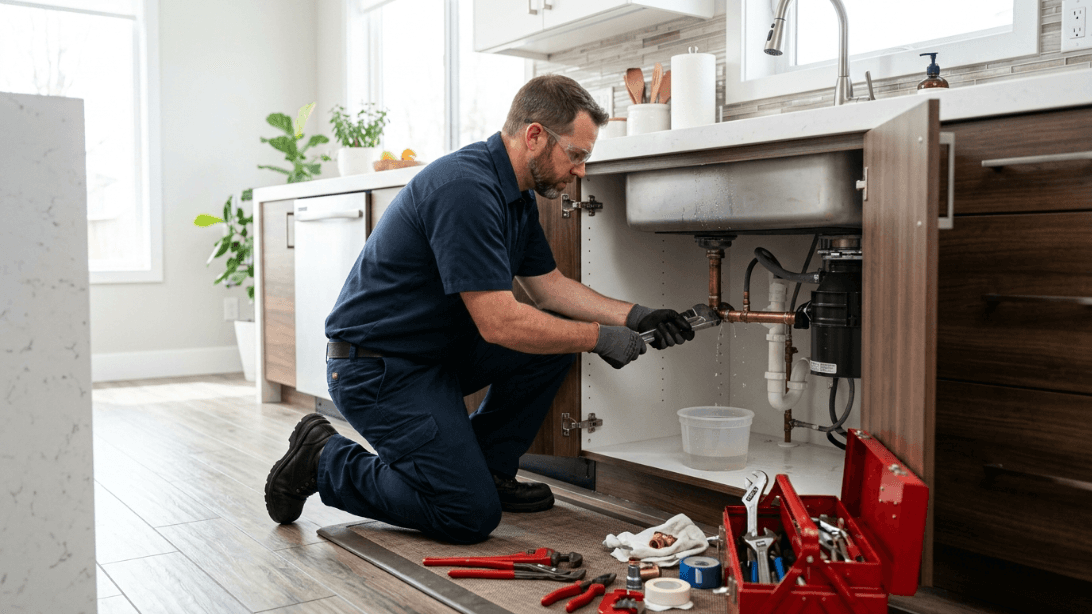 Professional plumber responding to an emergency bathroom plumbing repair