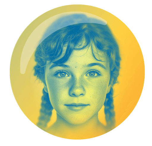 A young child with curly hair smiles warmly, presented in a circular frame with a yellow and blue gradient.