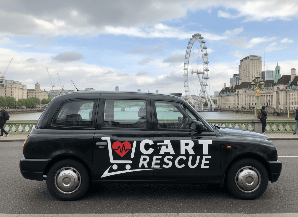 A black taxi with "Car Rescue" written on it, symbolizing immediate assistance for hesitant shoppers at checkout.