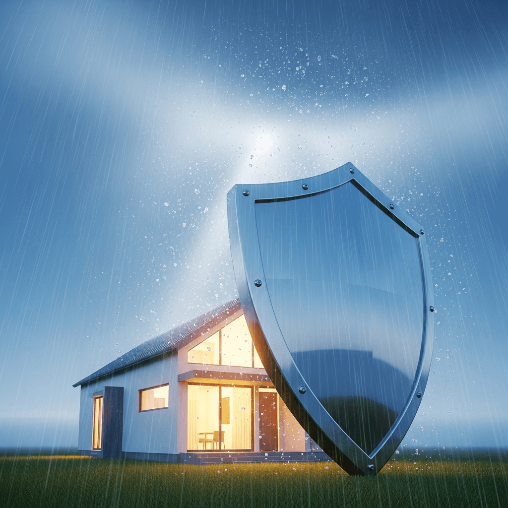 Conceptual image of a large, metallic shield protecting a modern house from a storm of rain and hail, symbolizing home insurance and financial security.