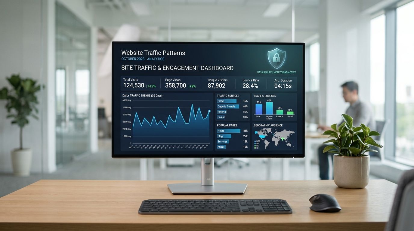 A modern computer monitor displays a detailed website traffic and engagement dashboard on an office desk.