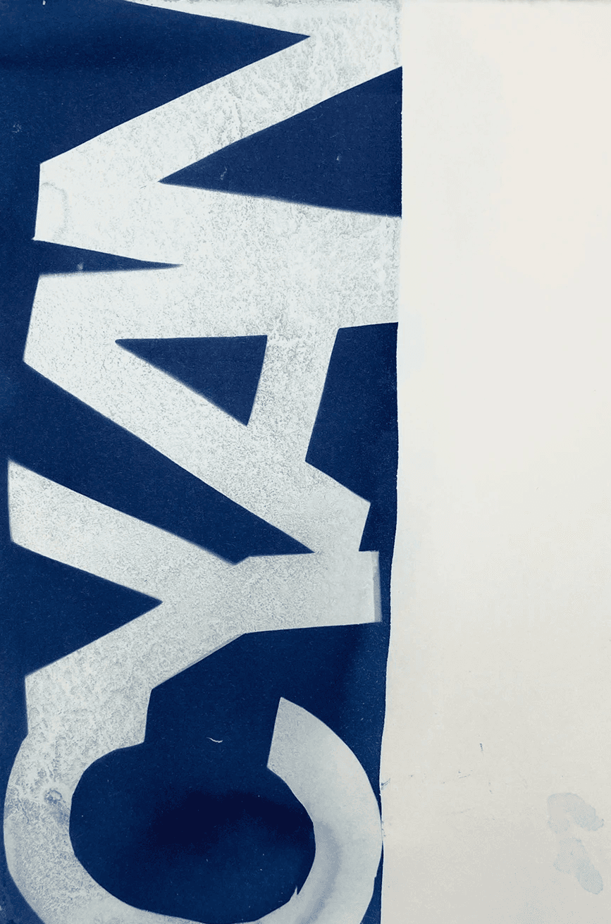 Cyanotypie-Komposition aus filigranen Pflanzen und grafischen Zahlen, künstlerische Verbindung von Natur und Typografie.