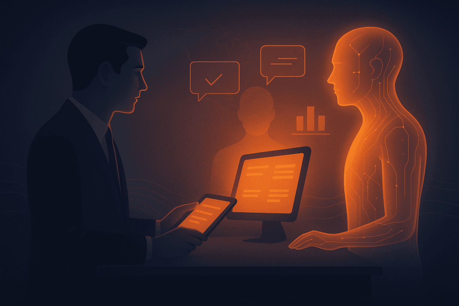 Illustration of banking technology using conversational AI to handle a 7 AED charge and car loan query in a seamless digital interaction.