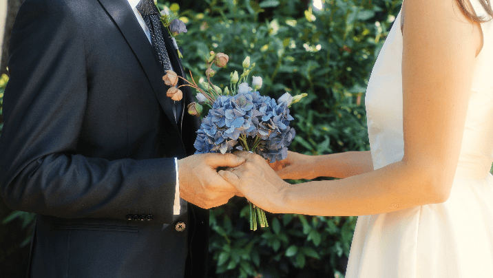 Wedding couple holding hands and a bouquet