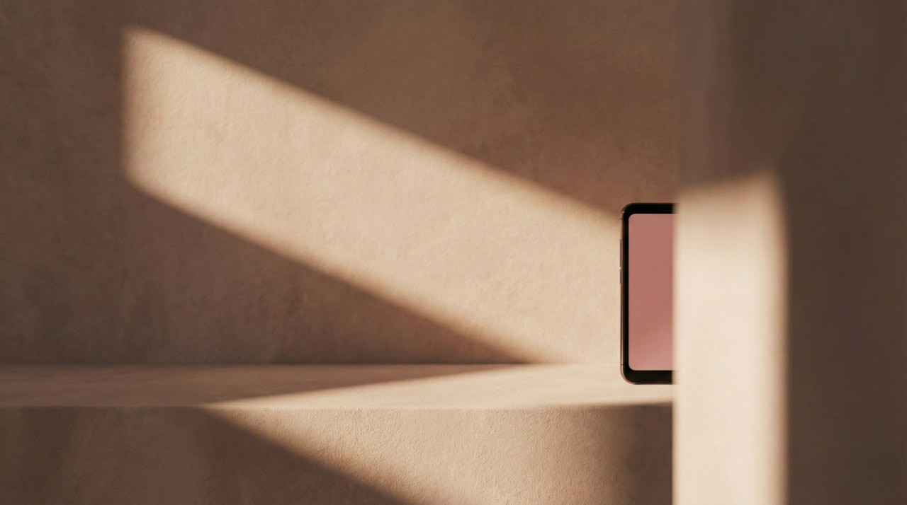 Minimalist image of a phone partially concealed by a wall. Warm sunlight creates geometric shadows, adding a peaceful, serene atmosphere.