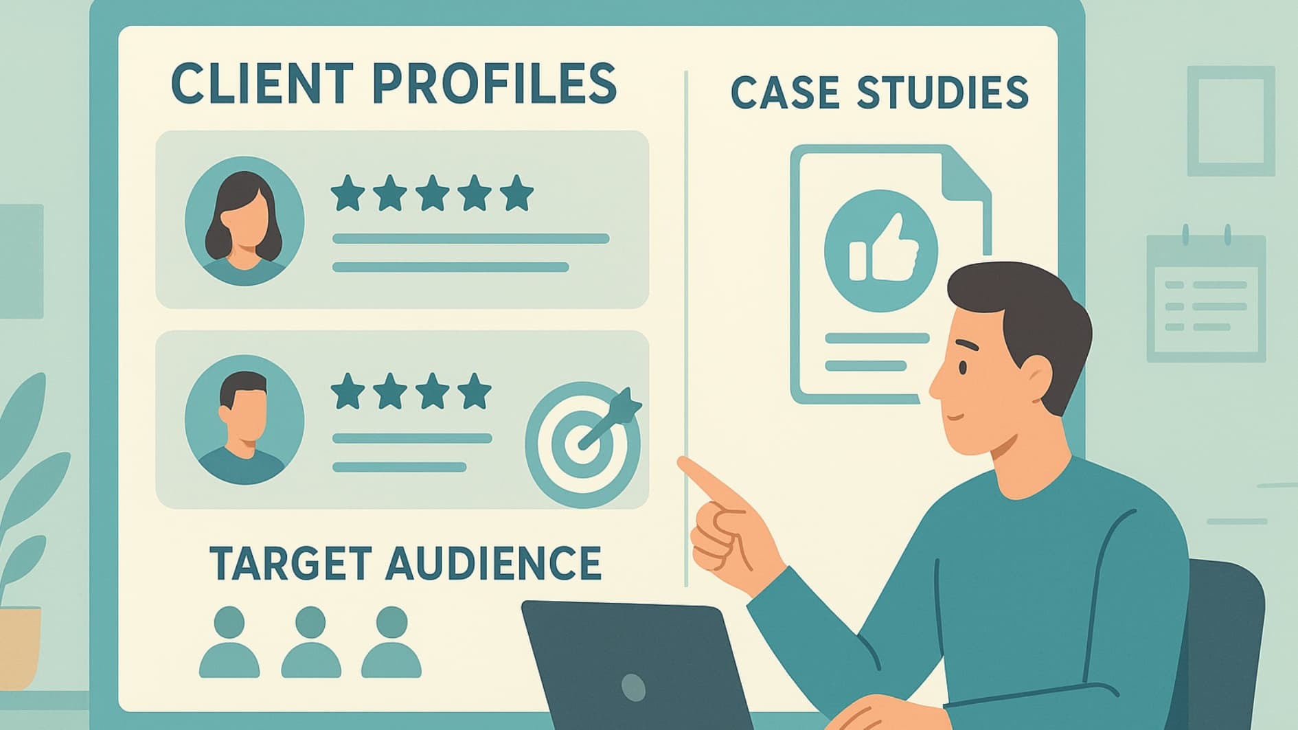 Illustration of marketing team defining target audience while optimizing agency lead generation.