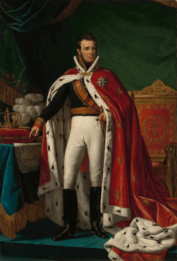 A regal figure in a military uniform and cape stands proudly, with a colorful backdrop and ornate details.