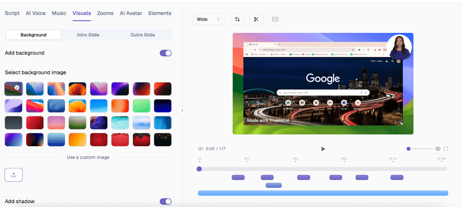 Add custom branding elements including background sound and images to your video