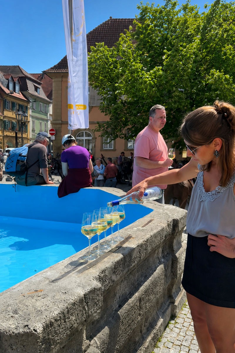 Frau schenk wein ein am Volkacher Marktplatz