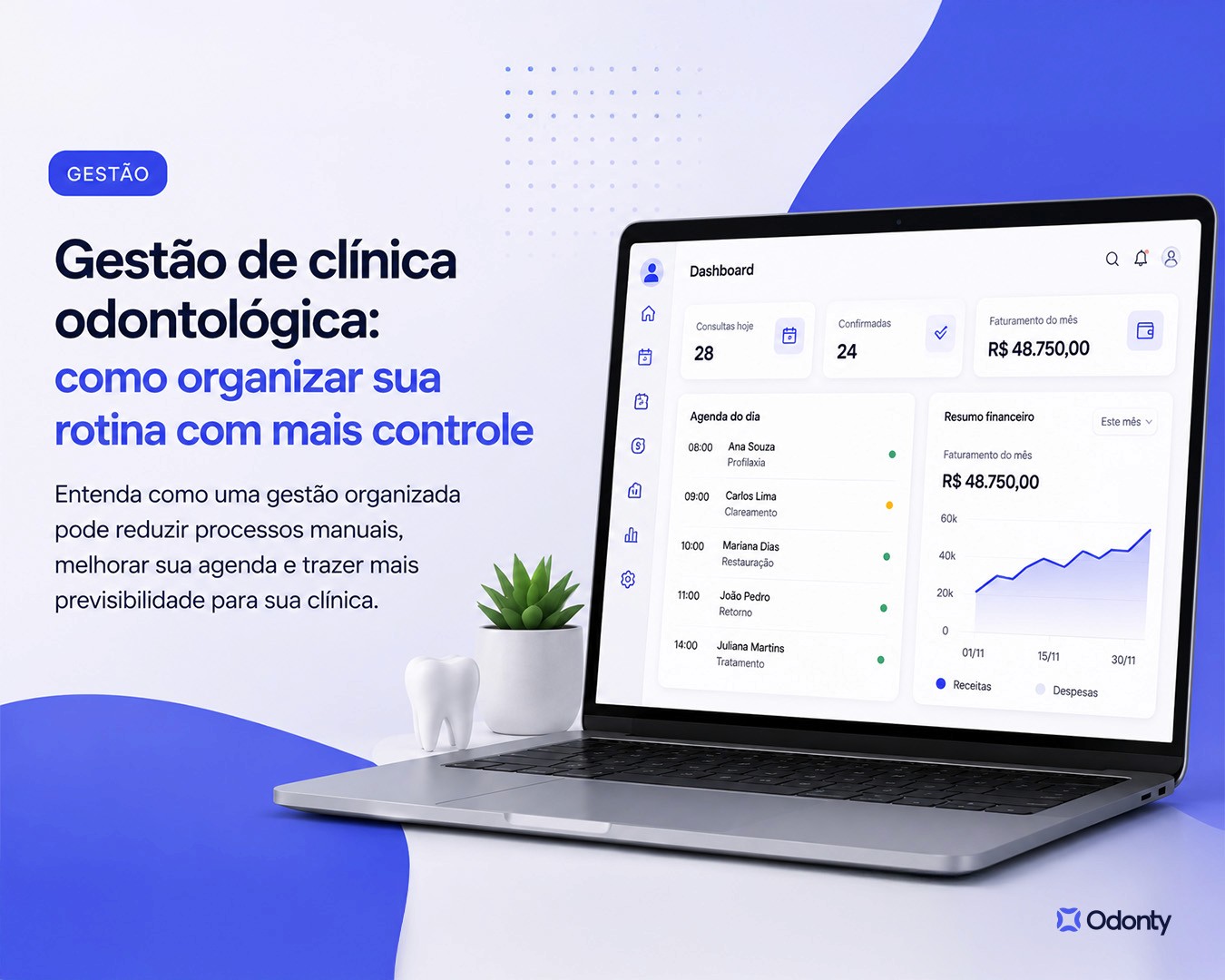 Dashboard de gestão odontológica mostrando agenda, faturamento e controle da clínica em notebook.