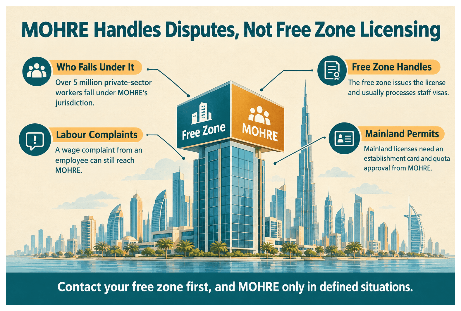 Infographic: What Is MOHRE and When Does a Dubai Free Zone Company Deal With It