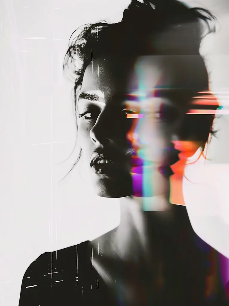 female wearing black with double exposure effect