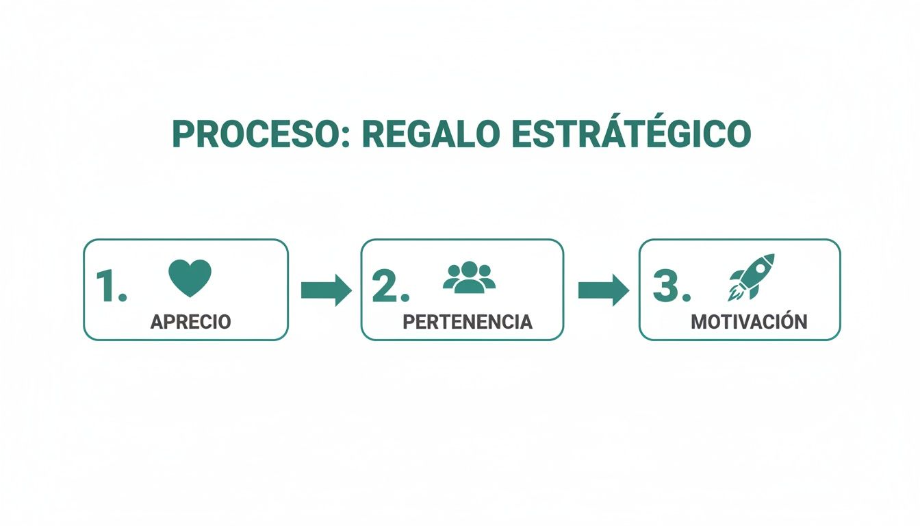 Diagrama de proceso para regalo estratégico: 1. Apreciación (corazón), 2. Pertenencia (personas), 3. Motivación (cohete).