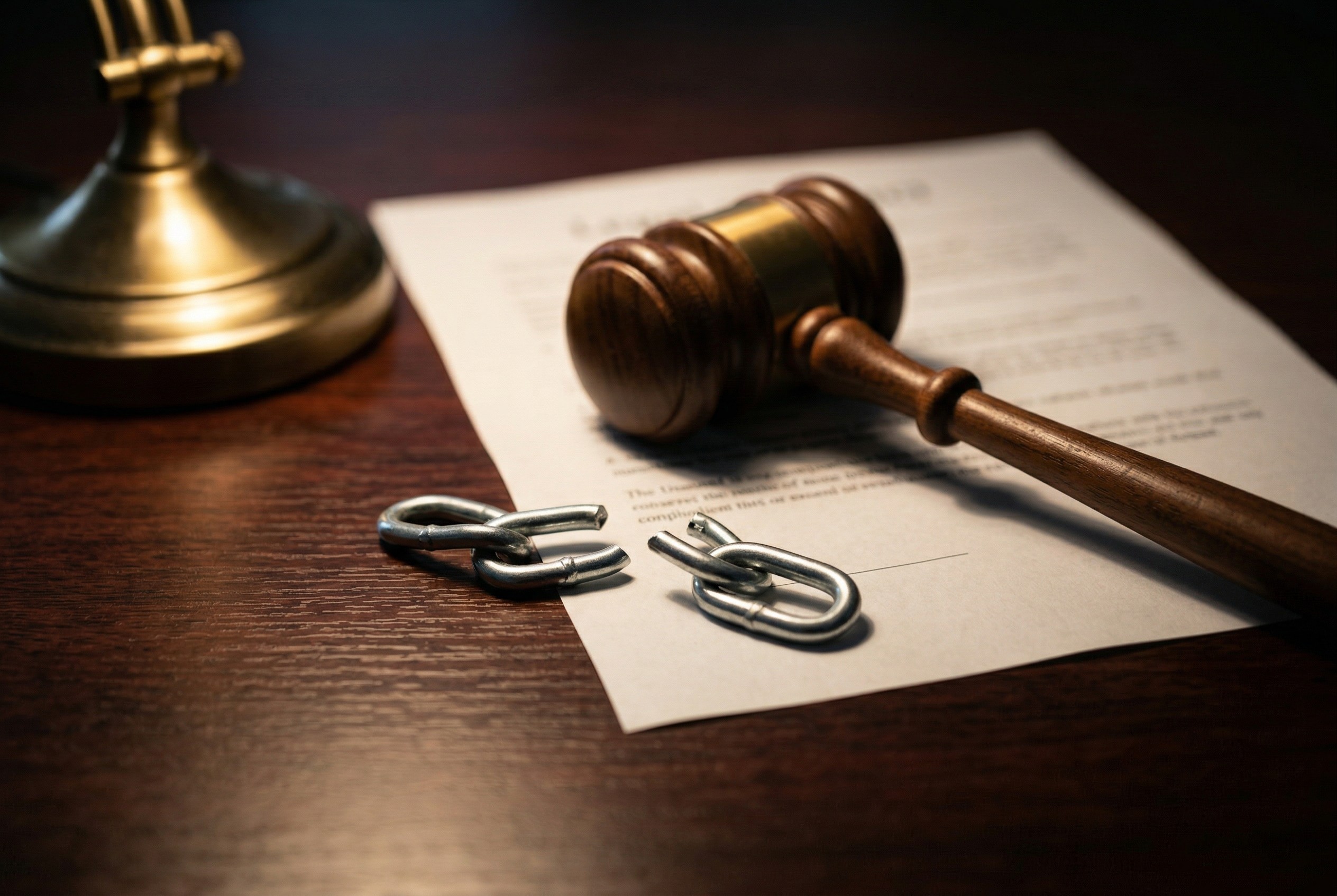 Judge's gavel on legal document with broken chain link representing non-compete restrictions being struck down