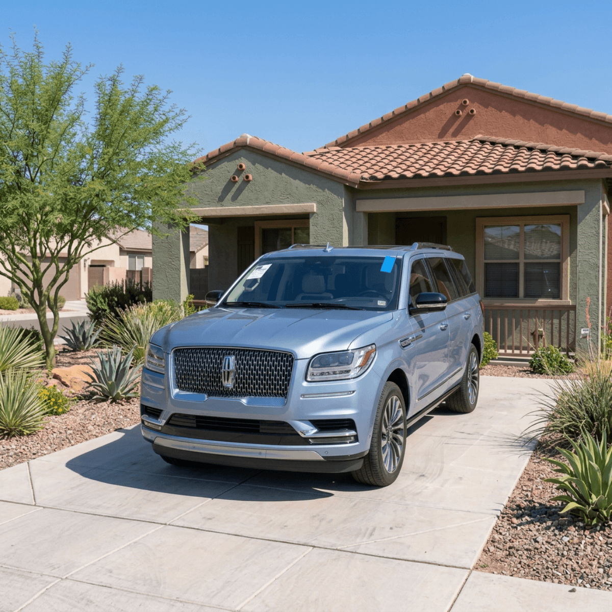 Silver Lincoln Navigator SUV with pristine replacement glass parked at a tile-roofed Kingman, AZ home