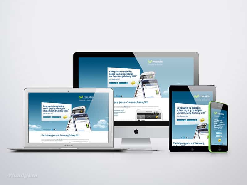 Diseño de sitio web responsive para Movistar en varios dispositivos electrónicos mostrando participación para ganar un Samsung Galaxy SIII.