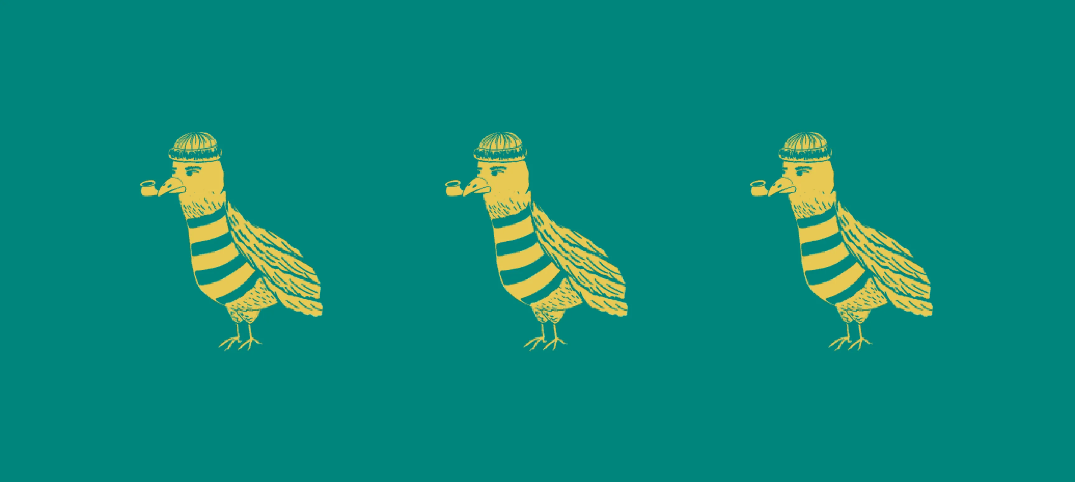 3 illustrated seagulls wearing toques, striped shirts, and smoking pipes in yellow on a teal background.