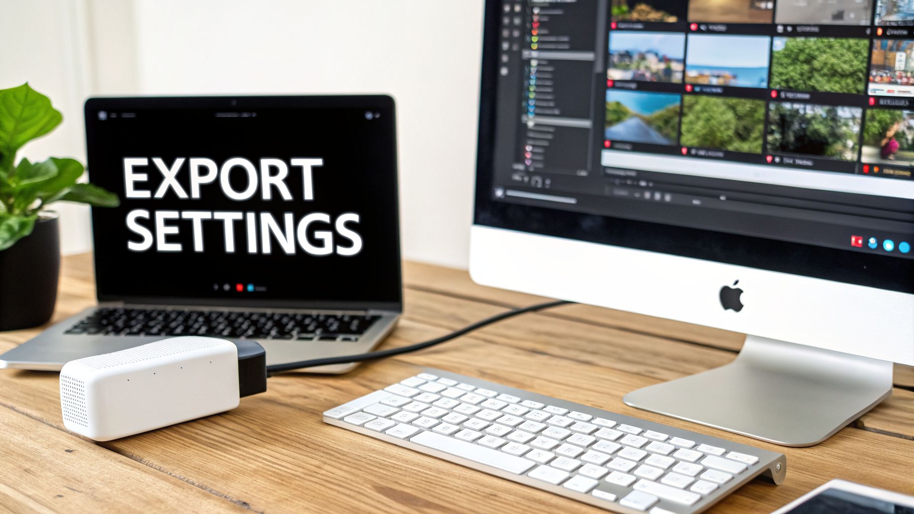 A desk setup with a laptop displaying 'EXPORT SETTINGS' and an iMac showing photo editing software.