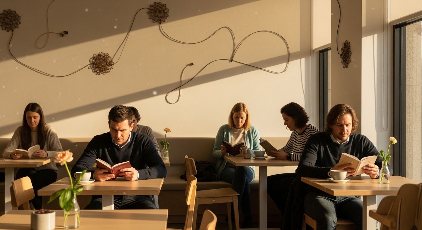 Four silhouetted figures walk into dense fog, with a rainbow-like light effect adding a surreal and dreamlike quality to the scene.