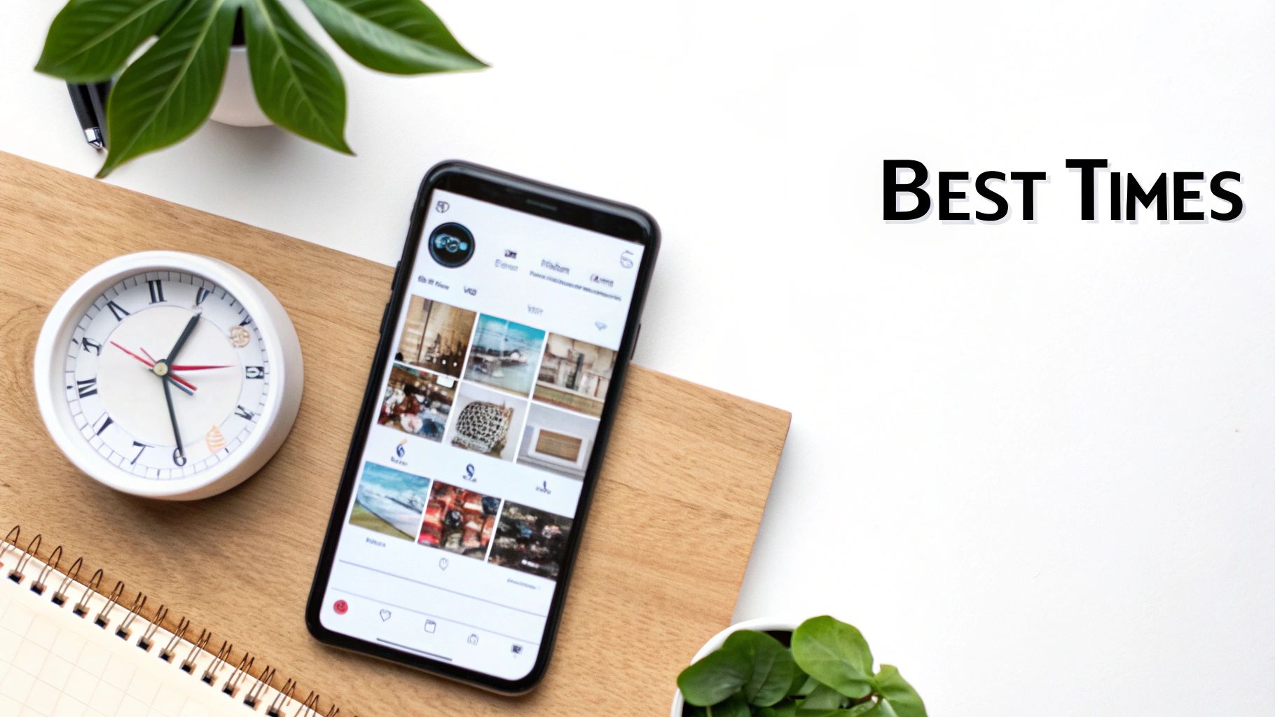 A desk setup with a smartphone showing Instagram, an alarm clock, notebook, and plants, with 'BEST TIMES' text.