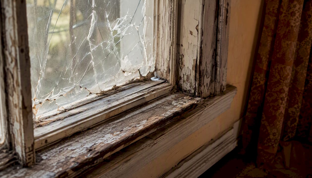 Close-up of rotted window frame and cracked glass