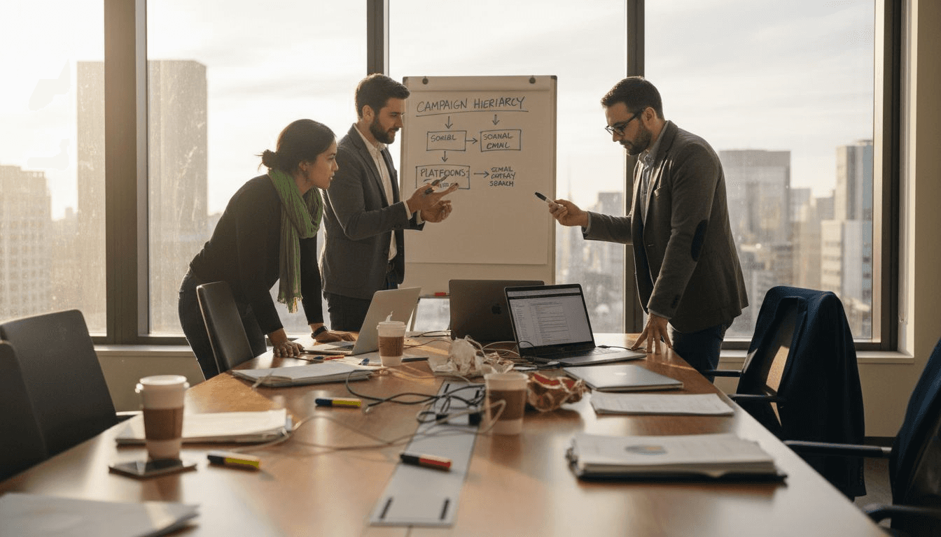 Team discussing digital campaign structure