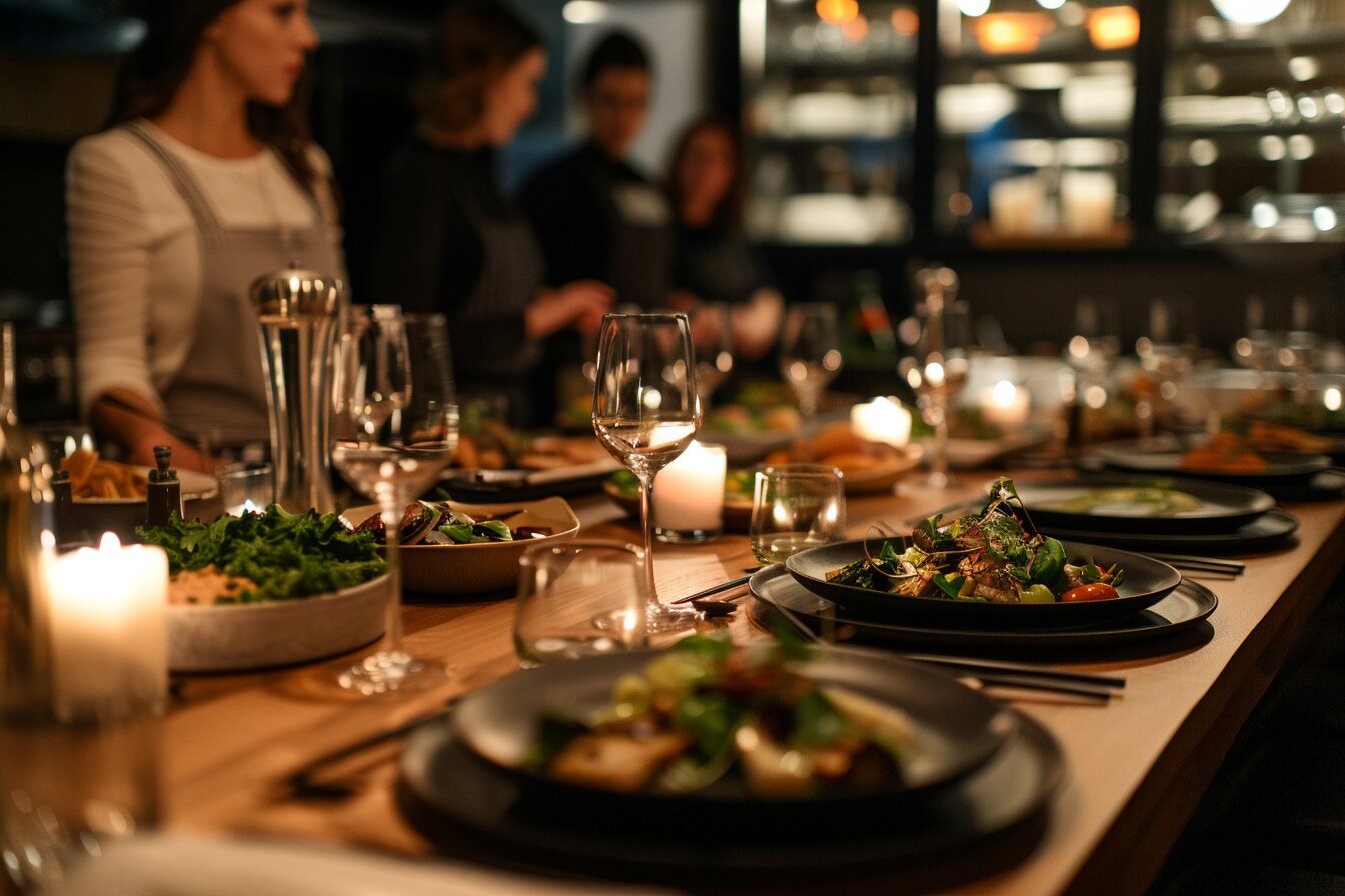 Corporate private chef dinner in a modern Houston home with elegant table setup and professional atmosphere.