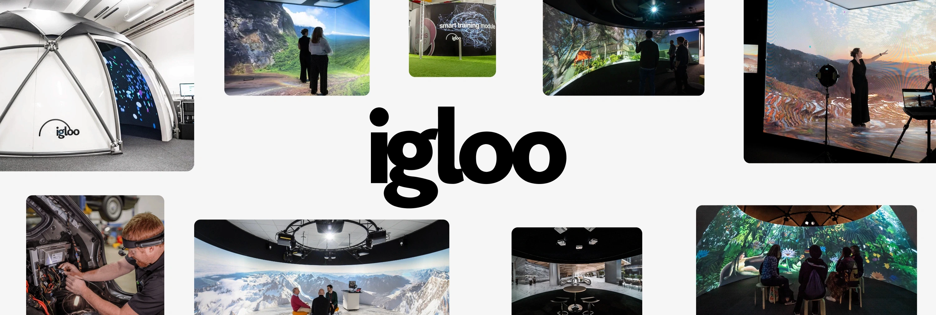 Igloo logo with photos of shared immersive dome and cylinder rooms used for group training and visualization