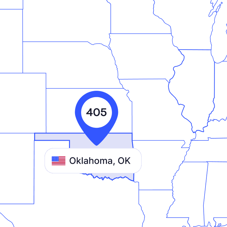 US map of 405 area code phone numbers and its coverage region