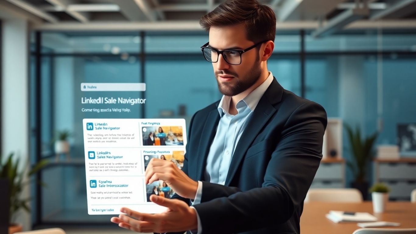 Sales professional using LinkedIn Sales Navigator on a computer.