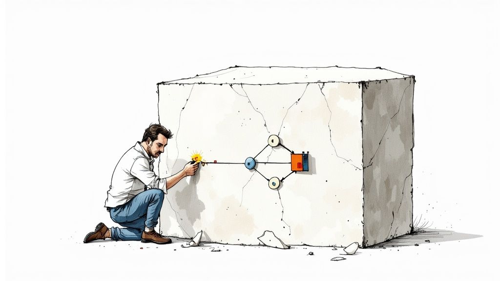 A person chipping away at a large block of marble, symbolizing the process of optimization.