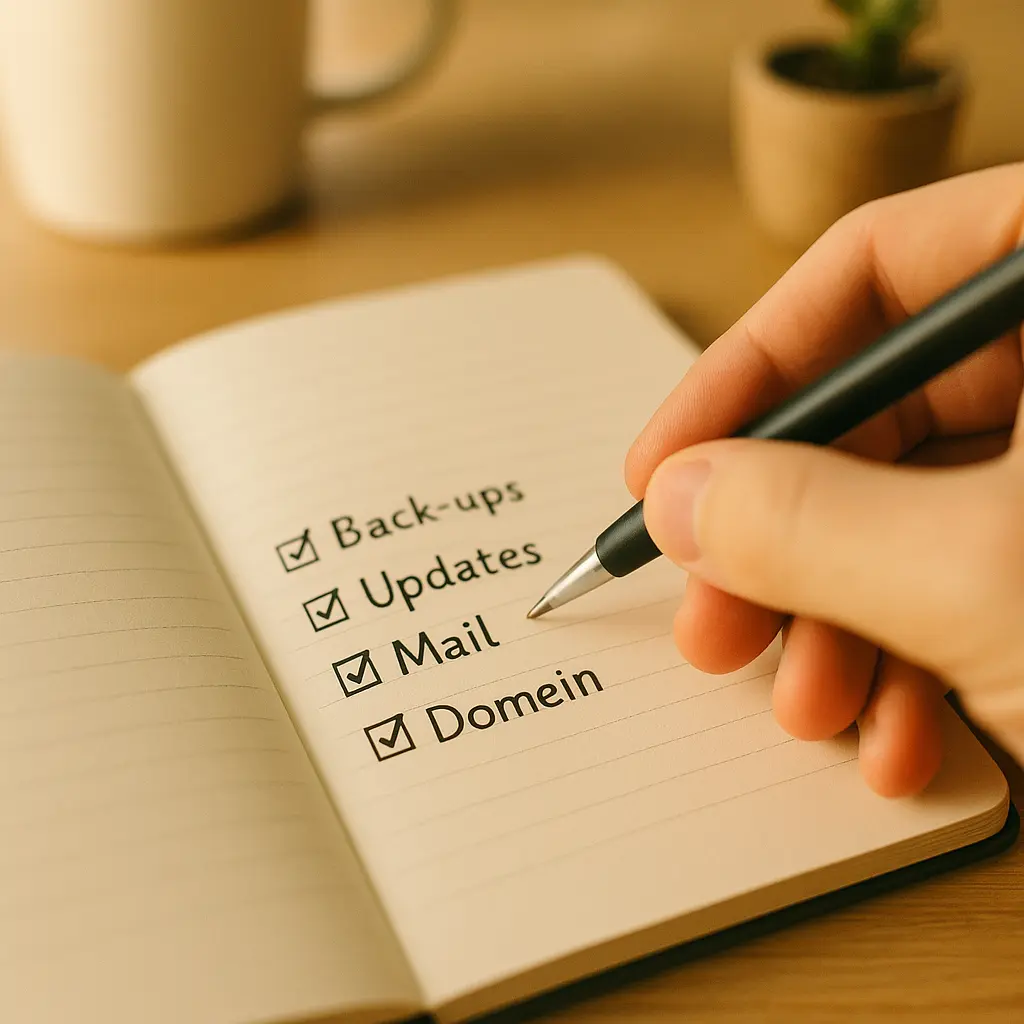 Kladblok met checklist punten (back-ups, updates, mail, domein)