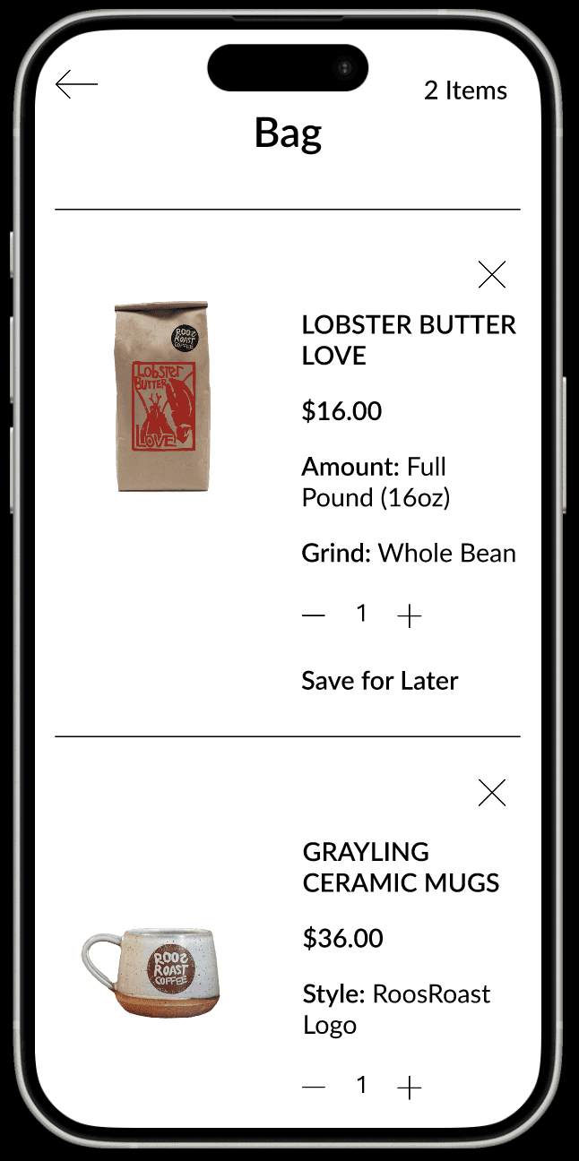 iphone mockup of the redesigned RoosRoast shopping bag