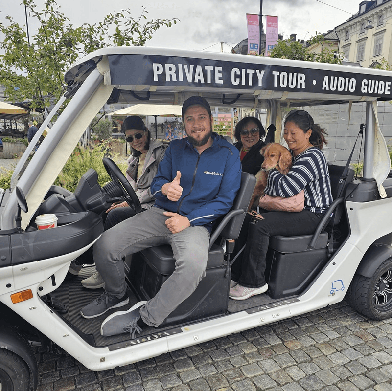 Tourists exploring Stockholm during private electric sightseeing cart tour