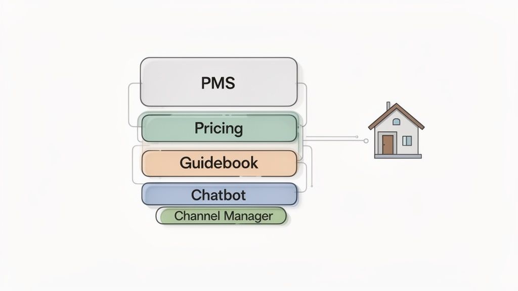 A diagram illustrating a stack of property management tools: PMS, Pricing, Guidebook, Chatbot, and Channel Manager, connected to a house.