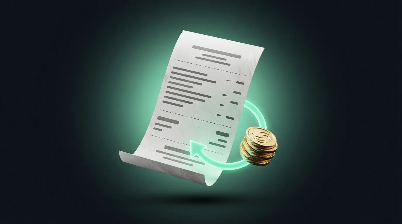 Paper receipt with a green refund arrow looping back to a stack of gold coins, symbolizing an ad-spend refund