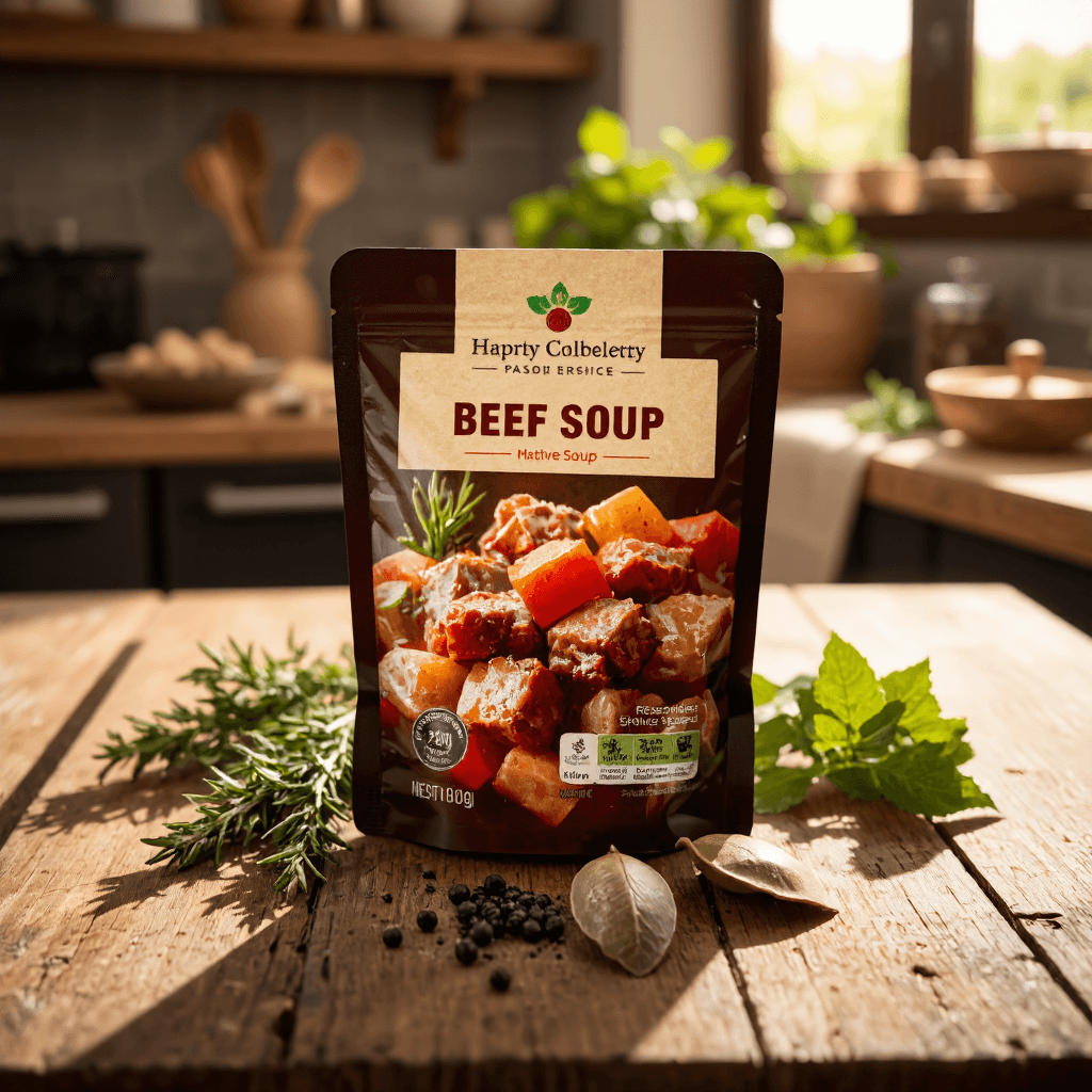 product photography of a package of beef soup