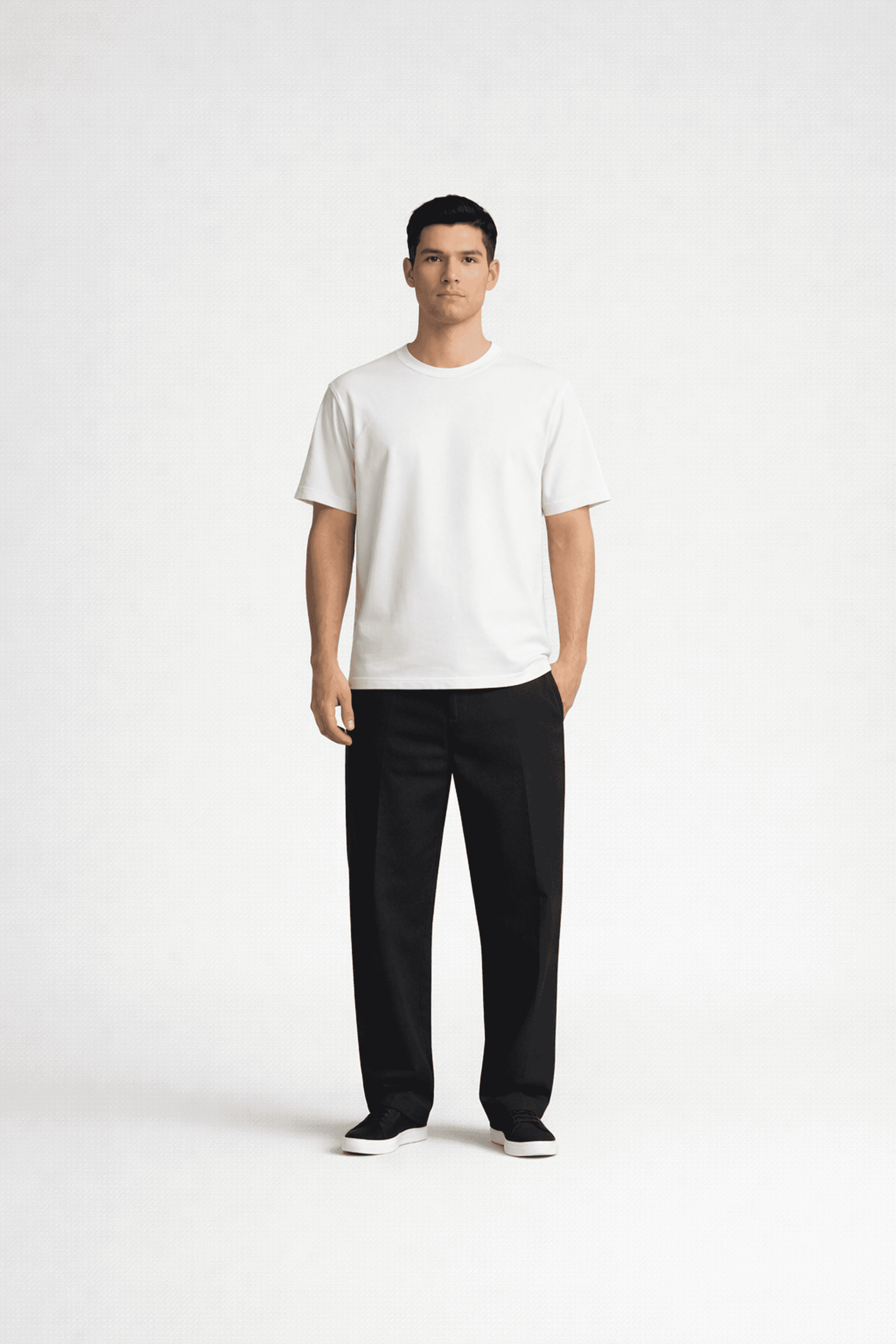 Unisex fashion model wearing white basic t-shirt, front view