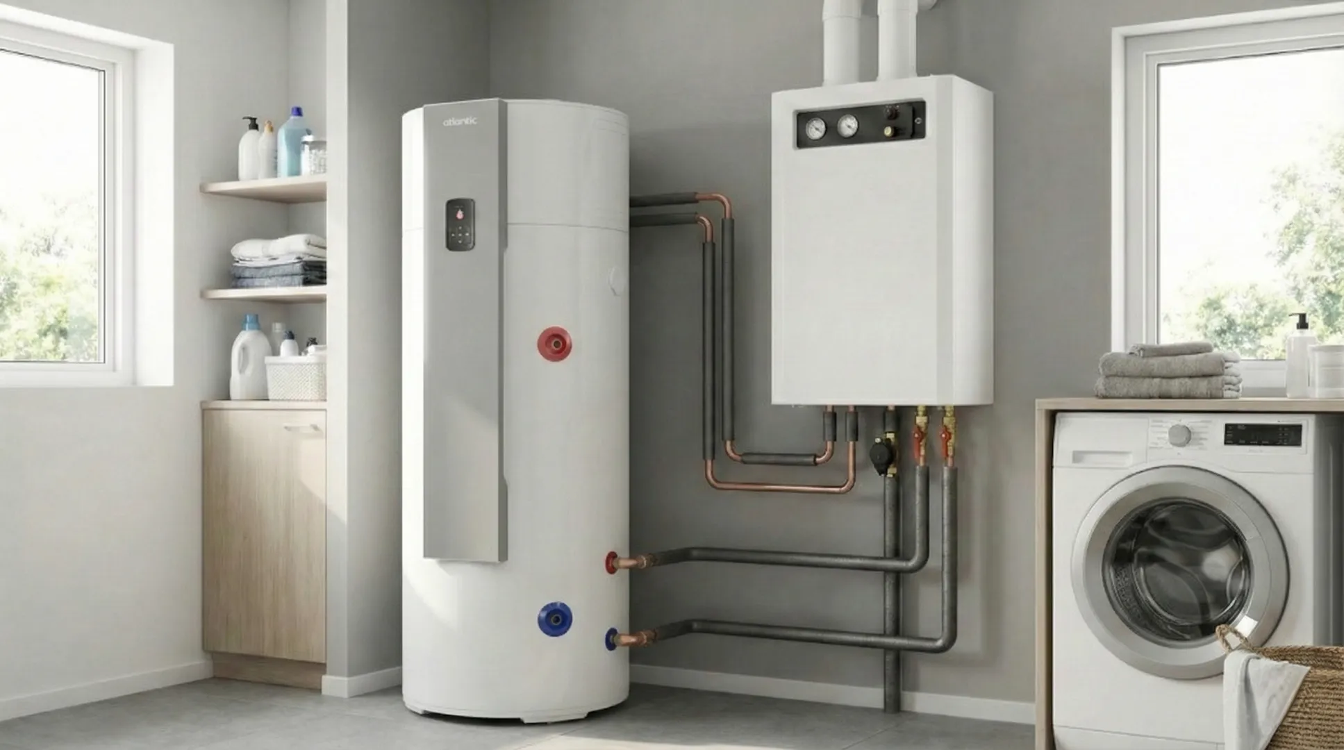 Chauffe-eau thermodynamique Atlantic et chaudière murale installés dans une buanderie moderne avec lave-linge.