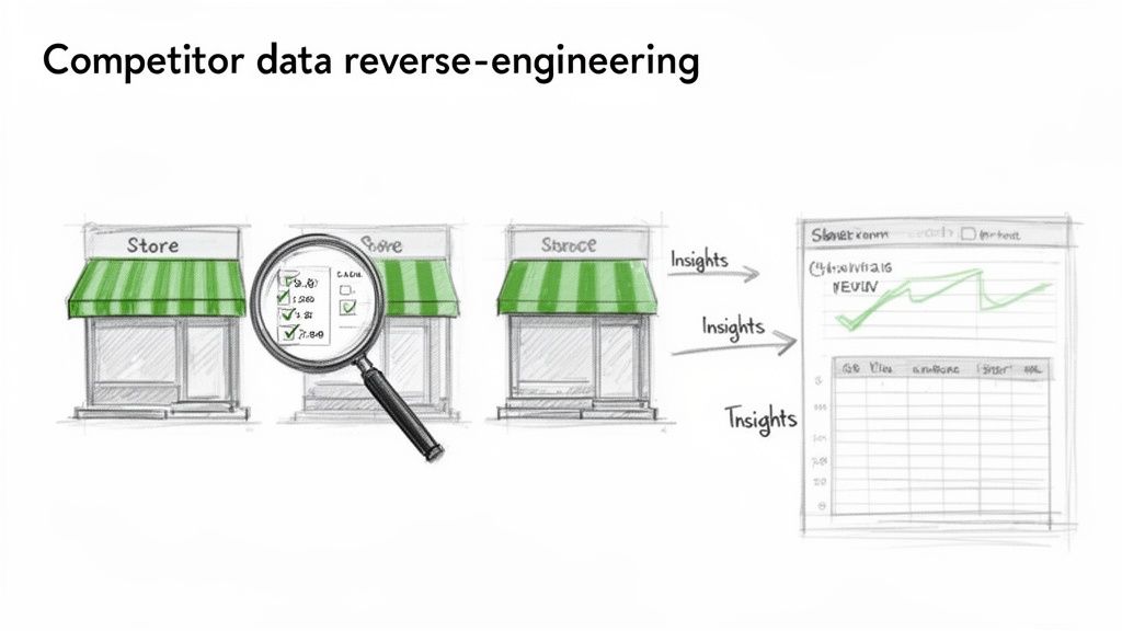 Diagram illustrating competitor data reverse-engineering, collecting store information and generating market insights.