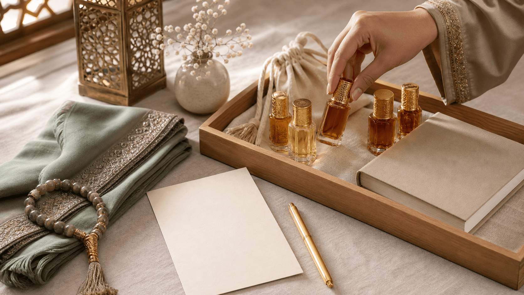 Alcohol-free attar and modest Islamic gifts for women arranged for a thoughtful halal gift check