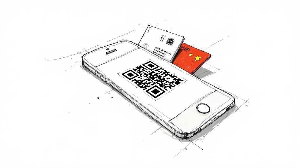 Sketch of a smartphone displaying a QR code, behind which is a red Chinese document and a white ID card.
