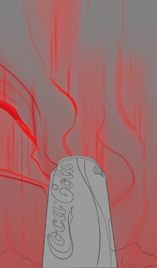Close-up sketch focusing on the top of a Coca-Cola bottle against the aurora