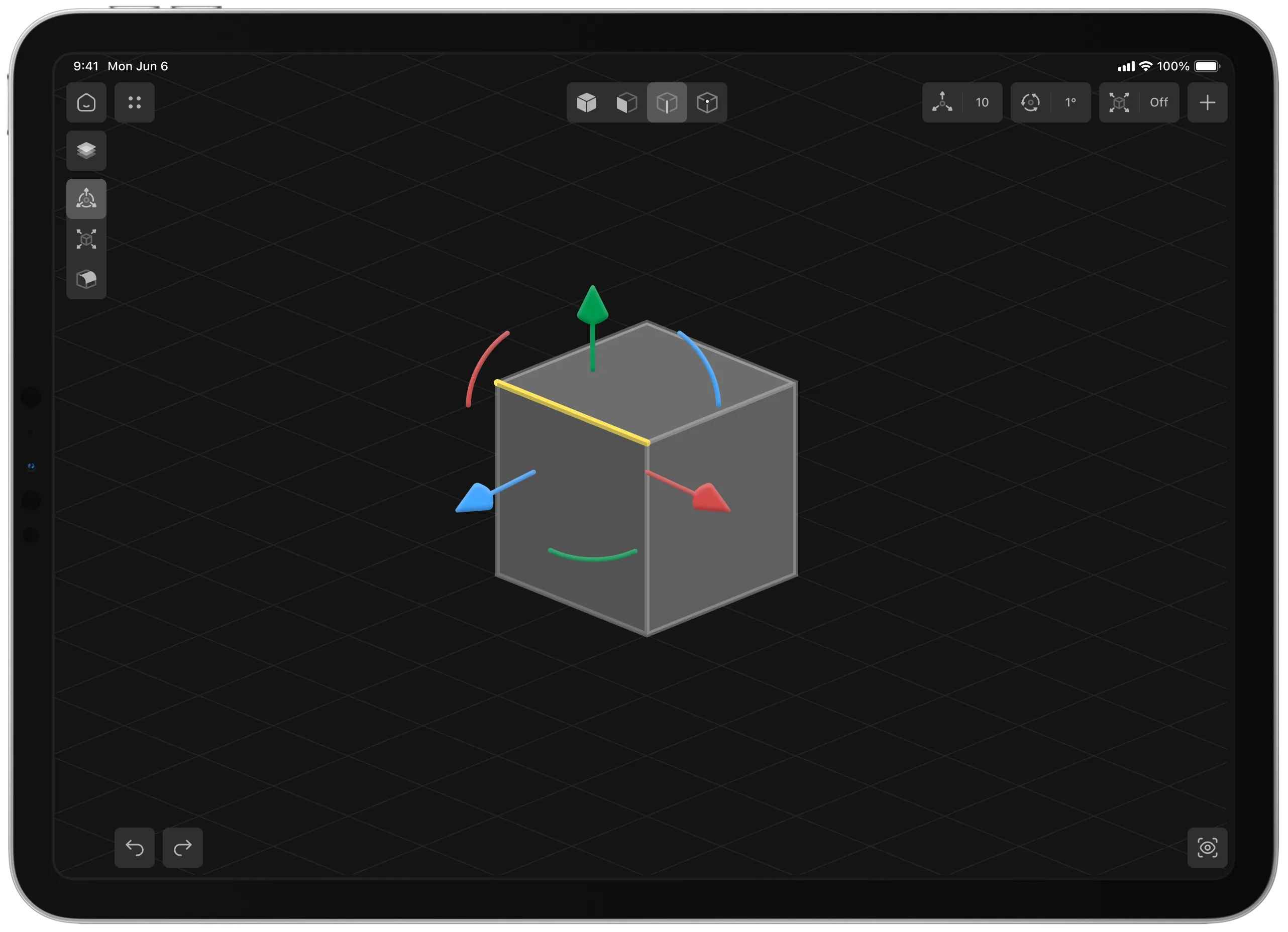 Shapeyard 3D editor interface showing a selected cube edge with a transform gizmo for precise shape editing.