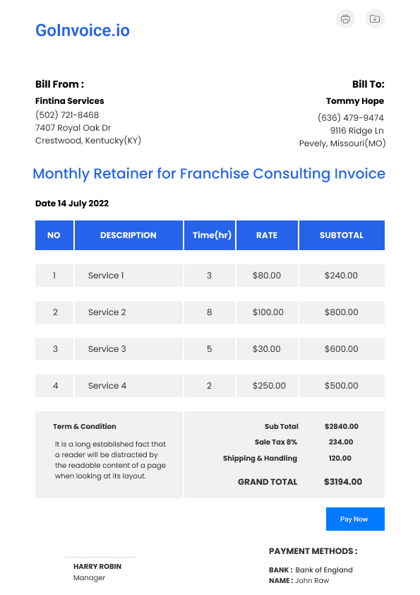 Monthly Retainer for Franchise Consulting Invoice