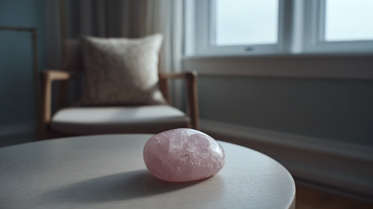 Rose quartz stone on a table in a living room after a conversation.
