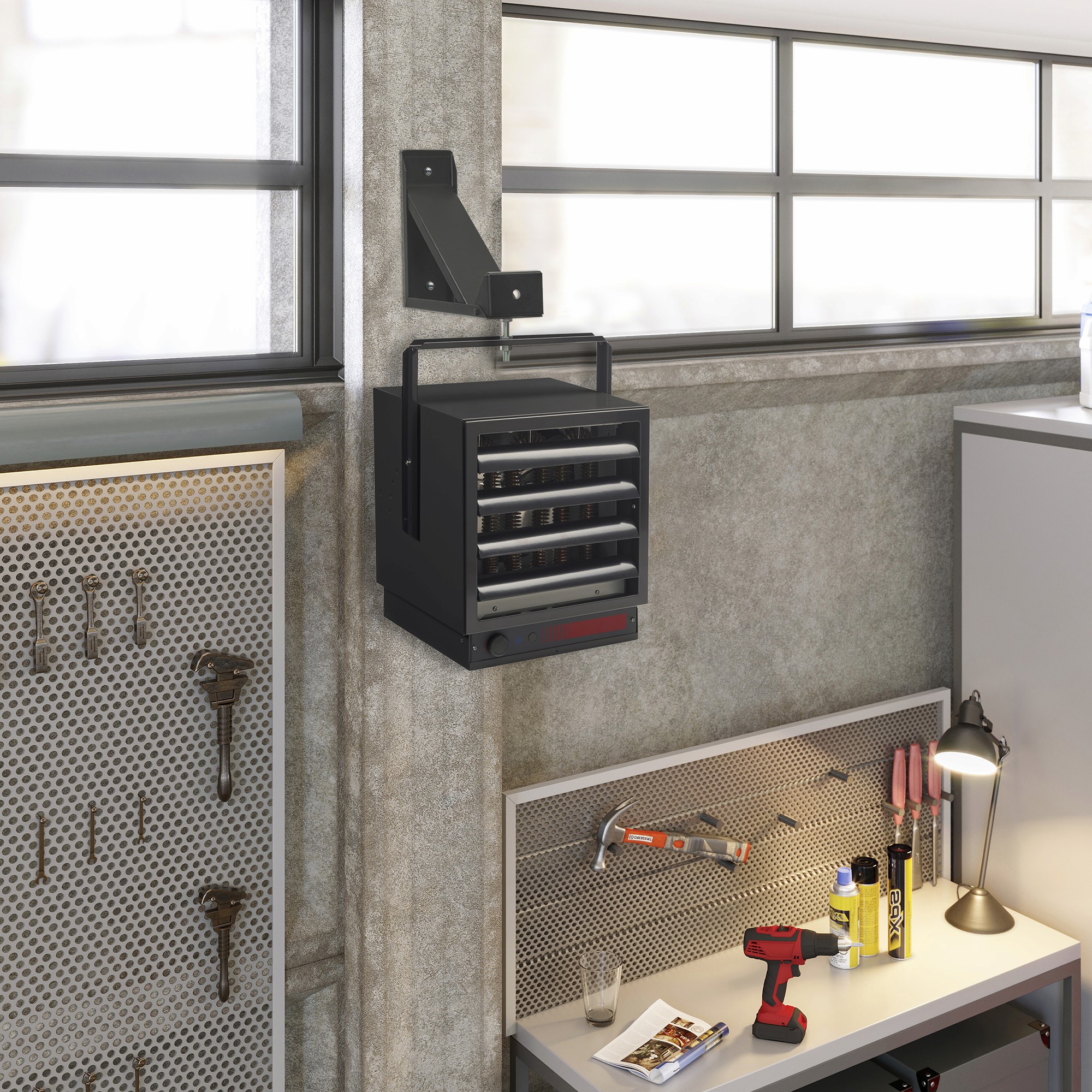 Dimplex wall-mounted commercial heater in workshop environment