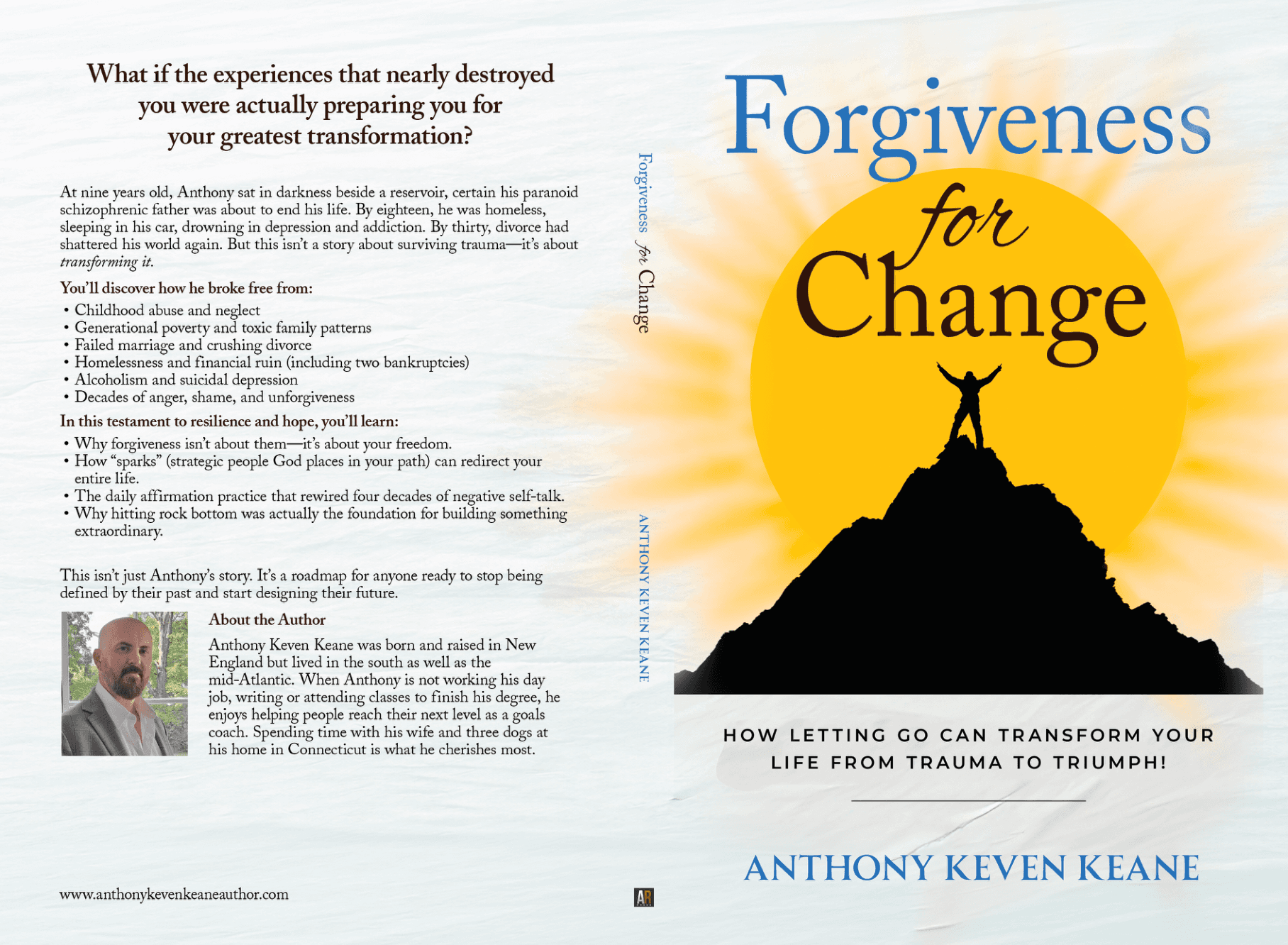 Book cover for Forgiveness for Change featuring a silhouetted figure standing triumphantly on a mountain peak against a bright sun.