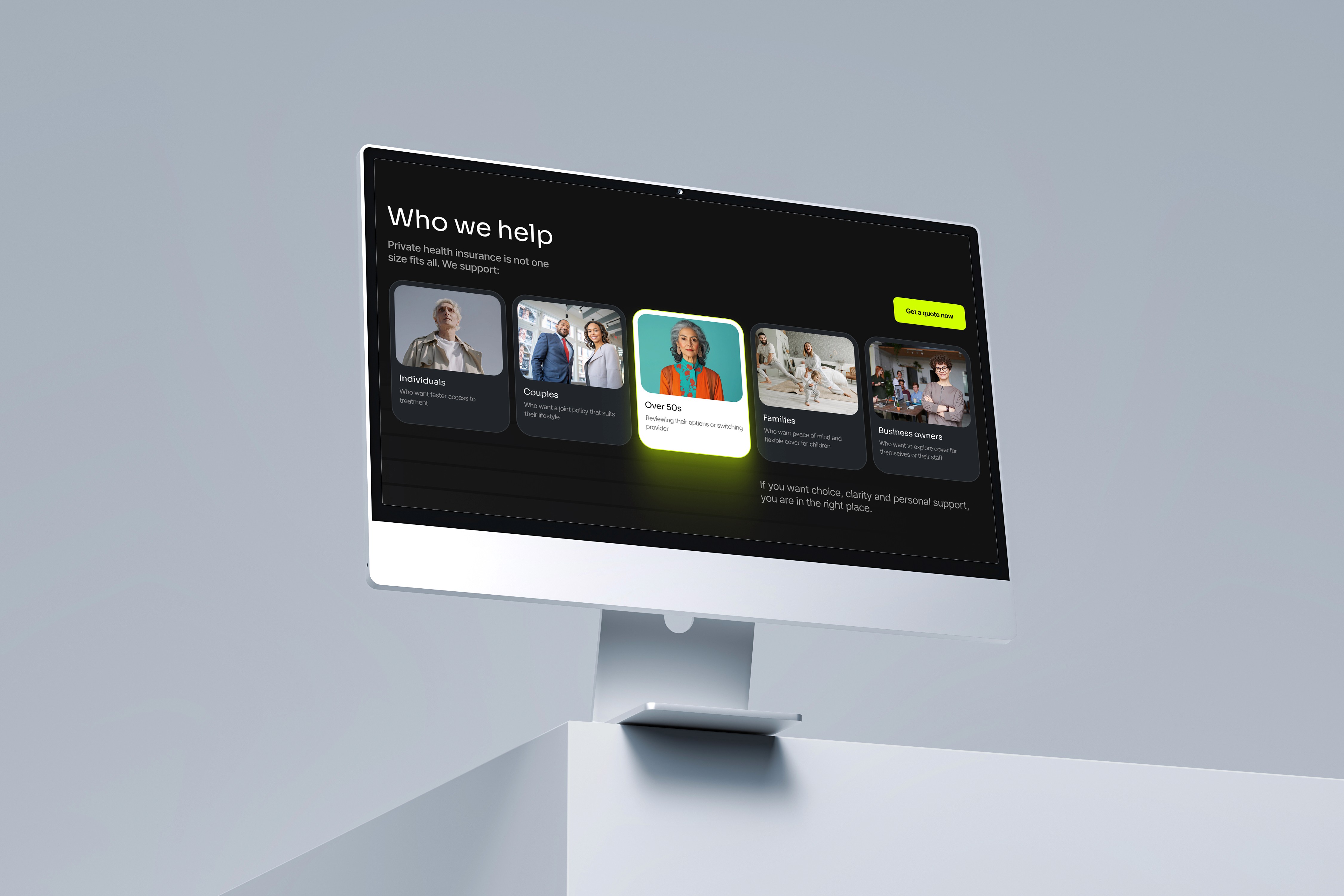 Desktop view showing who we help section with clearly defined customer groups